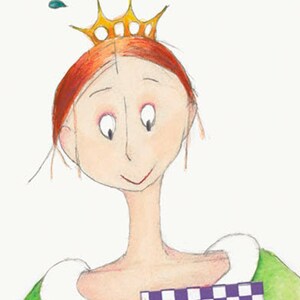 Puede incluir: Una ilustraci&oacute;n de dibujos animados de una mujer con cabello rojo que lleva una corona dorada con gemas de colores. Lleva un vestido verde con cuello blanco y sostiene una tarjeta a cuadros.