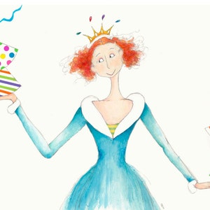 May include: A woman with red curly hair wearing a blue dress and a gold crown holds two stacks of colorful party hats in her hands.