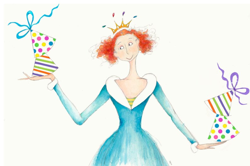 May include: A woman with red curly hair wearing a blue dress and a gold crown holds two stacks of colorful party hats in her hands.