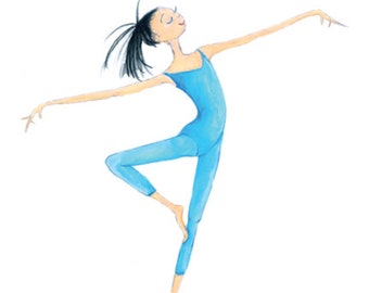 Dance Ballet Art-8"x10" Print of Original Illustration-Dancer Gymnast-Black Hair-Blue Leotard-Modern Jazz Lyrical-WallArt-Gift
