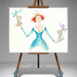 May include: A watercolor painting of a woman with red hair wearing a blue dress and a crown. She is holding two colorful wrapped gifts in her hands. The painting is on an easel with a white background.
