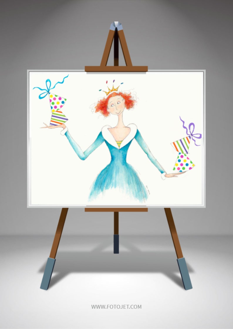 May include: A watercolor painting of a woman with red hair wearing a blue dress and a crown. She is holding two colorful wrapped gifts in her hands. The painting is on an easel with a white background.