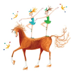 Impression d&#39;art équestre cheval 8 x 10 po de l&#39;illustration originale-2 filles ballerines-bleu vert-queues de cheval-diadèmes-rouges danse de ballet cheval-voltage