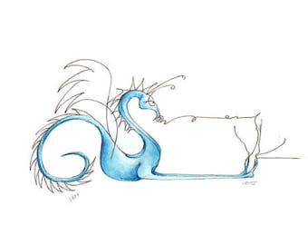Dragon Art-Print of Original Illustration 8"x10"-Blue Dragon-Fantasy Fairytale Myth-Watercolor-Painting-WallArt-Year of the Dragon-Gift