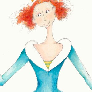 May include: A watercolor illustration of a woman with red curly hair wearing a blue dress with a white collar and a gold crown with colorful gems.
