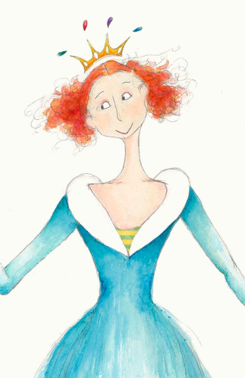 May include: A watercolor illustration of a woman with red curly hair wearing a blue dress with a white collar and a gold crown with colorful gems.