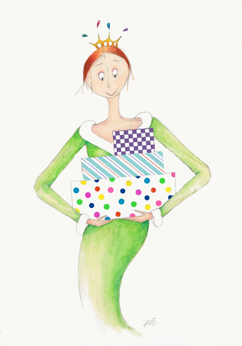 Puede incluir: Una mujer con un vestido verde y una corona sostiene una pila de regalos envueltos. Los regalos est&aacute;n envueltos en papel de colores con lunares, rayas y un patr&oacute;n a cuadros.