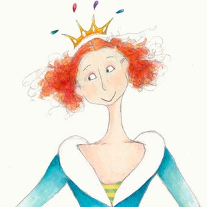 May include: A watercolor illustration of a woman with red curly hair wearing a blue dress with a white collar and a gold crown with colorful gems. She is smiling and looking to the right.