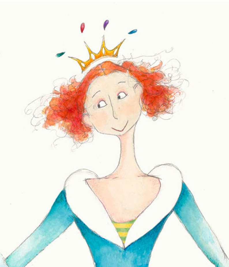 May include: A watercolor illustration of a woman with red curly hair wearing a blue dress with a white collar and a gold crown with colorful gems. She is smiling and looking to the right.