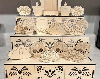 Mini Altar Dia De Muertos | Unpainted Ofrenda with Skulls & Flowers