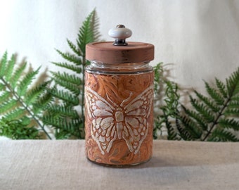 Upcycled Jar with Distressed Lid, Orange Butterfly