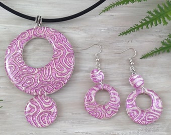 Polymer Clay Necklace and Earring Set Round Metallic Pink and Pearl White