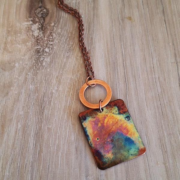 Boho style fire painted copper pendant necklace//fire painted copper//flame painted copper//copper pendant//jewelry//copper blanks