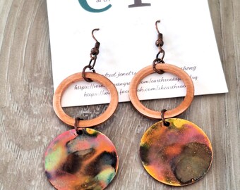 Boho style fire painted copper circle earrings//fire painted copper//flame painted copper//copper earrings//copper jewelry//boho earrings