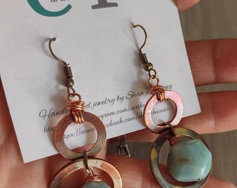 boho style fire painted copper and amazonite earrings  boho style earrings  copper earrings flame painted