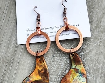 Boho style fire painted copper earrings//flame painted copper//fire painted copper//copper earrings//copper blanks//boho earrings//earrings