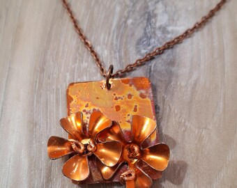 Boho style fire painted copper floral pendant necklace//fire painted copper//flame painted copper/copper necklace/copper/flowers/necklace