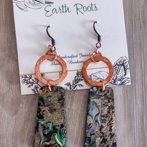 boho style copper and resin abalone earrings  abalone shell earrings  copper earrings