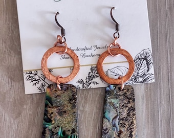 boho style copper and resin abalone earrings  abalone shell earrings  copper earrings