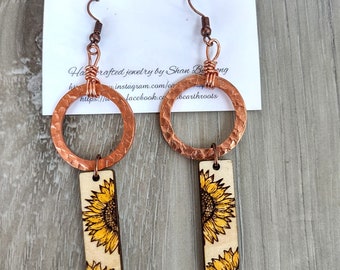 Boho style copper hoops with wooden sunflower dangles//copper and wood//wooden blanks//copper hoops//copper jewelry//copper earrings