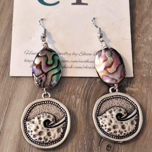 Silver wave and abalone shell dangle earrings//abalone earrings//abalone//abalone shell//ocean waves//ocean jewelry//summer jewelry//earring