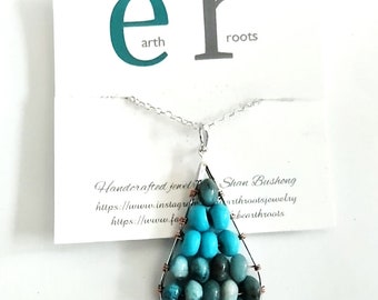 minimalist tear drop shaped turquoise and larimar beaded pendant necklace