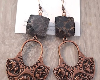Boho style fossil coral and copper dangle earrings//copper earrings//fossil coral//fossil coral earrings//copper jewelry//copper dangles