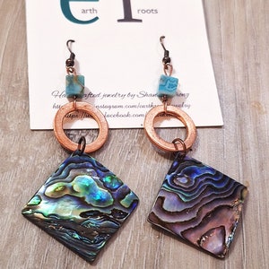 Copper earrings with abalone shell dangles//abalone earrings//abalone//abalone shell//copper earrings//dangle earrings//crazy lace agate