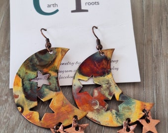 Boho style fire painted copper moon and stars earrings//fire painted copper//flame painted copper//copper earrings//moon earrings//jewelry