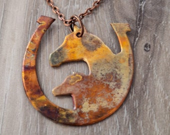 Rustic fire painted copper horseshoe and horse pendant necklace//fire painted copper//flame painted copper//copper pendant//horse jewelry