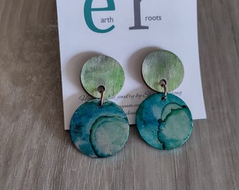 boho style metal and wood earrings  boho style  alcohol ink earrings  artsy earrings