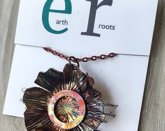Boho style hand forged fire painted copper flower necklace//floral pendant//fire painted copper//flame painted copper//copper flowers//chain