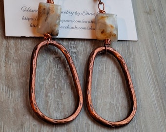 Jasper gemstone and hammered copper dangle earrings//copper earrings//copper and jasper//jasper beads//copper dangles//copper charms
