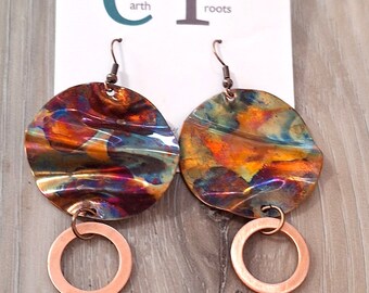 Boho style copper earrings with copper hoop dangles//fire painted copper earrings//flame painted copper earrings//copper//copper earrings