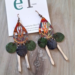 Boho style fire painted copper earrings with silver bar and shell dangles//copper earrings//fire painted copper//flame painted copper//boho