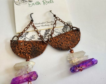 Boho copper and angel aura quartz crystal earrings