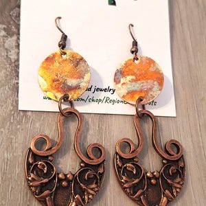 Boho style fire painted copper and copper dangle earrings//fire painted copper//flame painted copper//copper//copper earrings//earrings