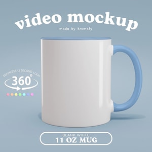 Puede incluir: Una taza blanca de 11 onzas con un borde y un asa de color azul claro. La taza está sobre un fondo azul claro. El texto "video mockup" está en la parte superior de la imagen, y el texto "made by kromafy" está debajo. El texto "BLANK WHITE 11 OZ MUG" está en la parte inferior de la imagen.