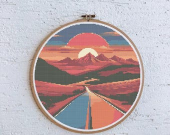 Sunset Summer Roadtrip Cross Stitch Pattern, Red Orange Landscape, DMC Chart, Printable PDF Digital Chart, Original Design