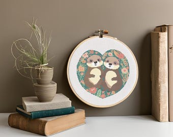 Otter Love Flowers Valentines Day Heart Cross Stitch Pattern (PDF Download)