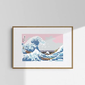 The Great Wave off Kanagawa Cross Stitch Pattern Hokusai Japanese Painting Ocean Printable Digital PDF Intermediate DMC Chart 11 Colors