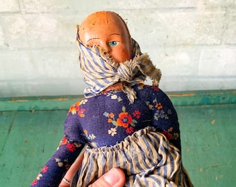 Antique Polish Sawdust Doll with Hand Painted Composition Face - Rag Doll - Antique Doll