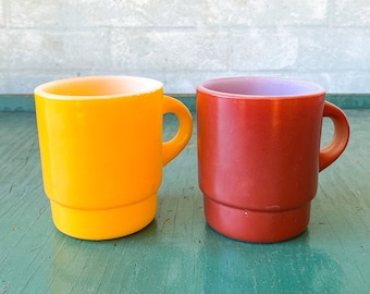 Vintage Pair of Marigold and Rust Fire King Milk Glass Coffee Mugs