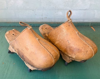 Antique Chinese Leather Rice Paddy Shoes with Wooden Platform and Metal Spikes - 1920s Chinese Rice Paddy Platform Shoes - Chinese Footwear