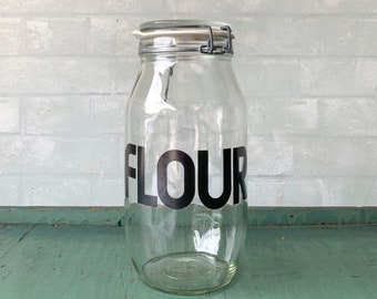 Vintage Carlton Glass Flour Jar - Flour Canister - Flour Container - Kitchen Storage - 1980s Kitchen Decor - Typography - Modern Flour Jar