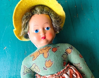 Antique Handmade Sawdust Doll with Celluloid Face - Rag Doll - Collectible Doll