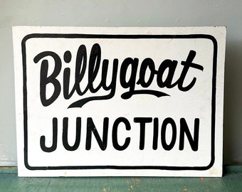 Vintage Original Folk Art Sign - Billygoat Junction Painted Wooden Sign - Billy Goat Art