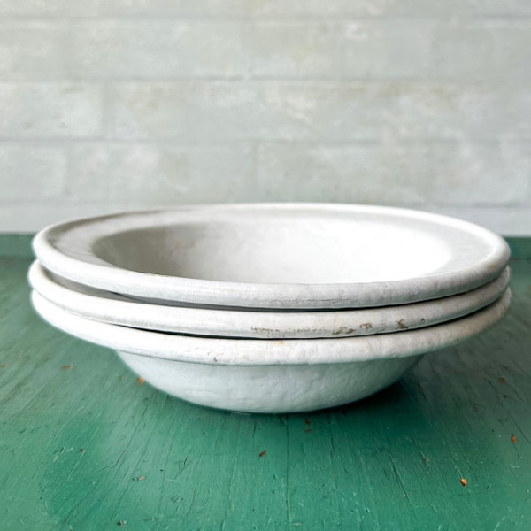 Vintage Set of 3 White on White Bennington Potters Burlington Vermont 1961 Wide Rim Soup Bowl - Modern Farmhouse Pottery Bowl