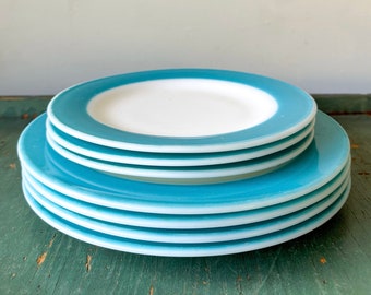 Vintage Pyrex Aqua Banded Milk Glass Plates