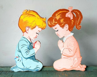 The Dolly Toy Praying Boy and Girl Cardboard Wall Hanging 1958 - Praying Children Silhouette Art